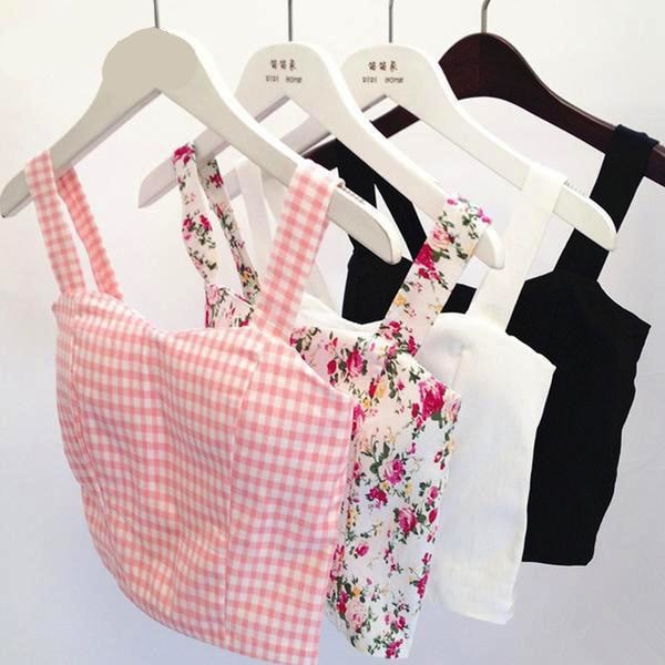 Summer Camisole Crop Top Tank Shirt Belly Plaid Gingham Floral Prints 