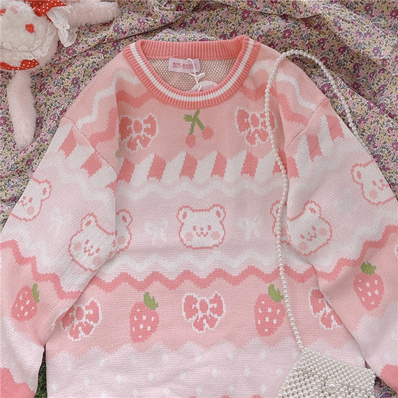 Pink Strawberry Knit Bear Sweater