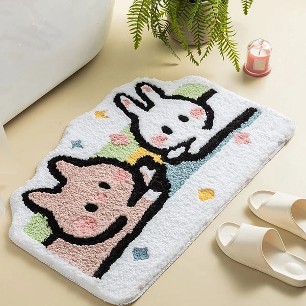 Sweet bunny friends fluffy floor mat - bathmat - bedside mat - bunnies - floor