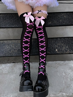 Pink Lace Black Bow Knee-High Socks, Hot Topic