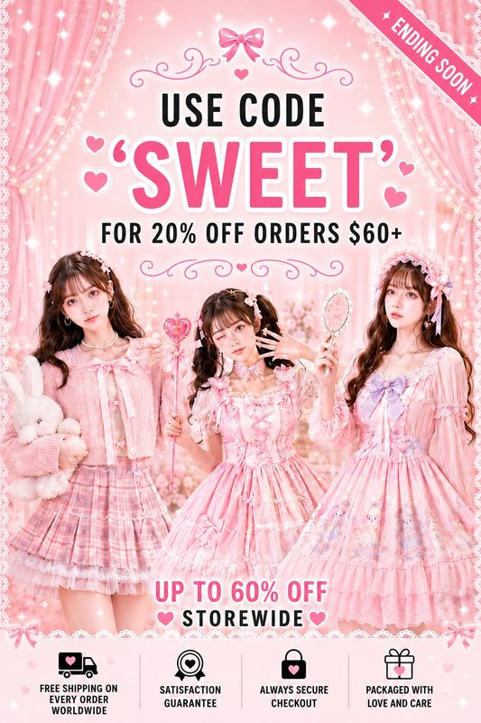 A promotional pink graphic with three young women in pastel Lolita-style dresses, hearts, and text reading 'USE CODE SWEET FOR 20% OFF ORDERS $60+' plus 'UP TO 60% OFF STOREWIDE' and 'ENDING SOON.'.