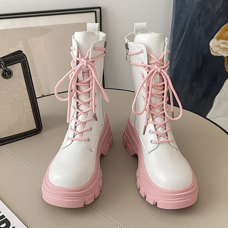 Pink & white wing combat boots best sale