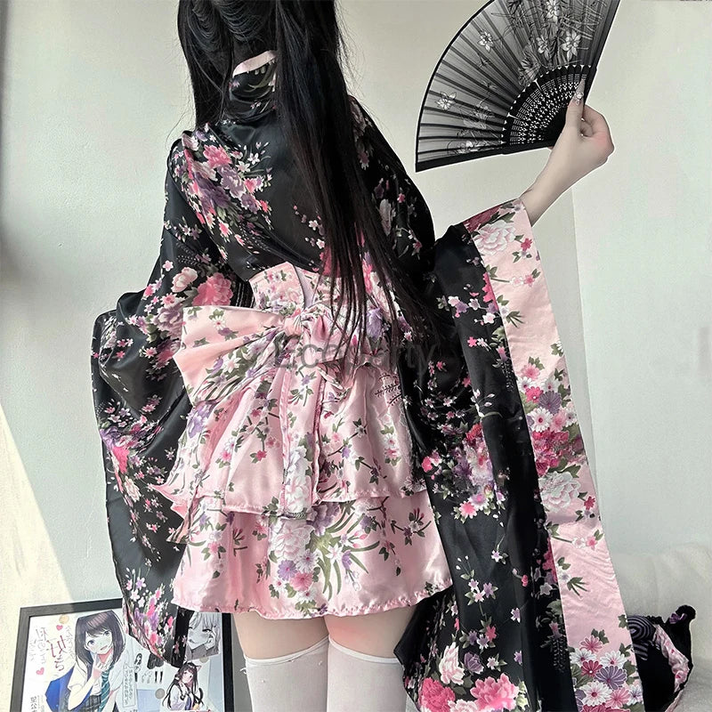 Traditional Japanese Pink & Black Kimono Dress Pink / L Traditional Japanese Pink & Black Kimono Dress Pink / L