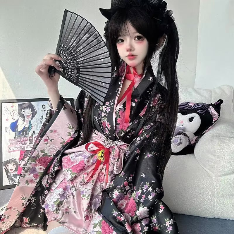 japanese pink dress Pink Traditional Kimono Dress Japanese Oni Masks