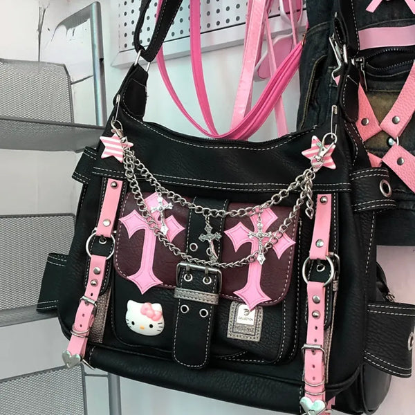 Sanrio Hello Kitty Messenger Bag Cartoon Printed Pu Leather Shoulder Bag  Y2k Cute Women's Bag Fashion Korean Girls Crossbody Bag