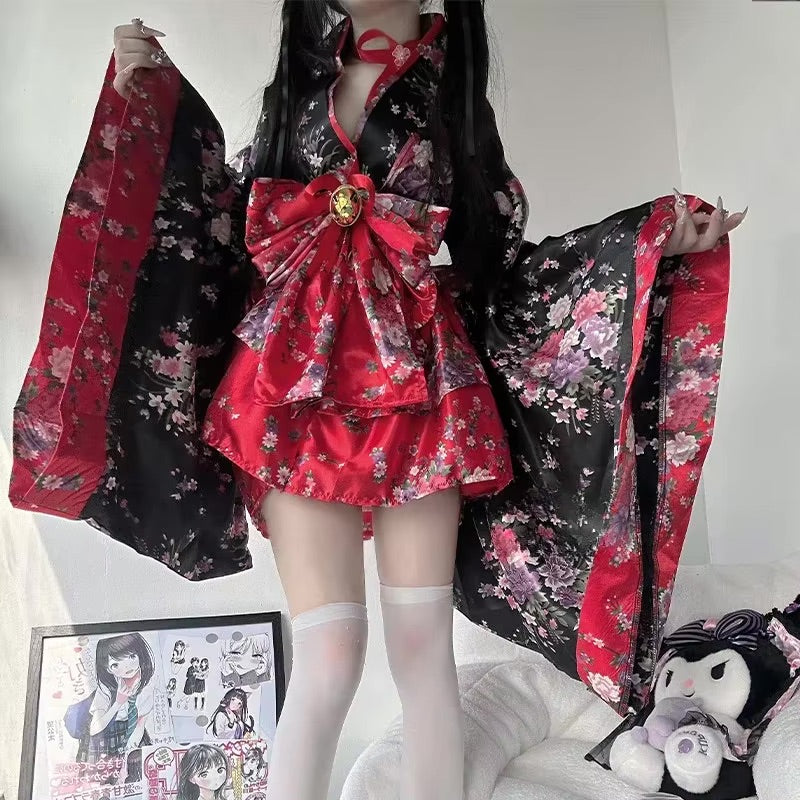 Traditional Japanese Pink & Black Kimono Dress