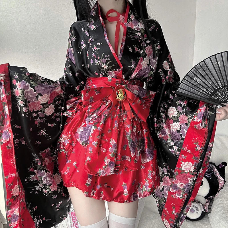 red and black kimono dress HUAHUA Womens Sexy Short Kimono Dress Floral Print Japanese Traditional Geisha Yukata Robe Bathrobe Skirt Belt Outfit (D01-Black, One Size) at Amazon Women's Clothing store