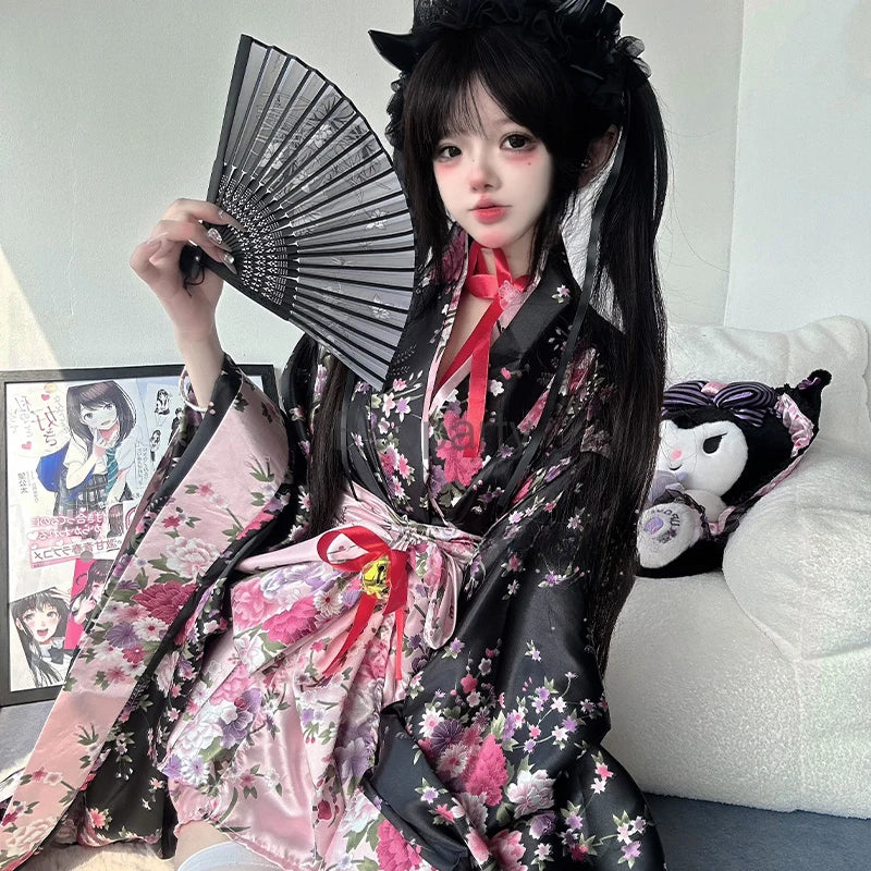 Traditional Japanese Pink & Black Kimono Dress