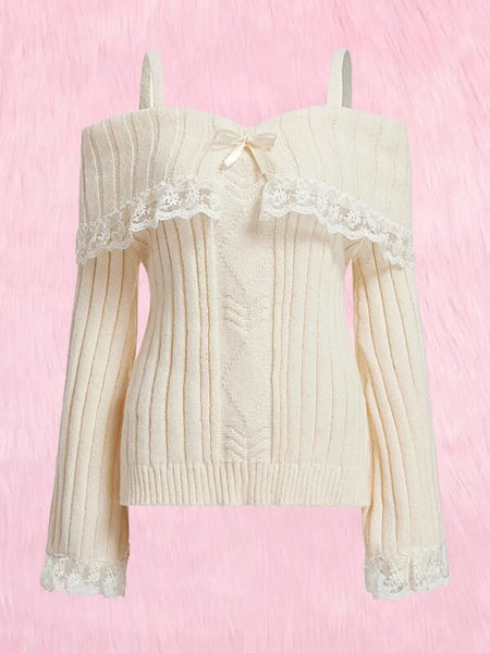 Sweetheart Princess Halter Neck Bow Pink White Black Knit Sweater Top