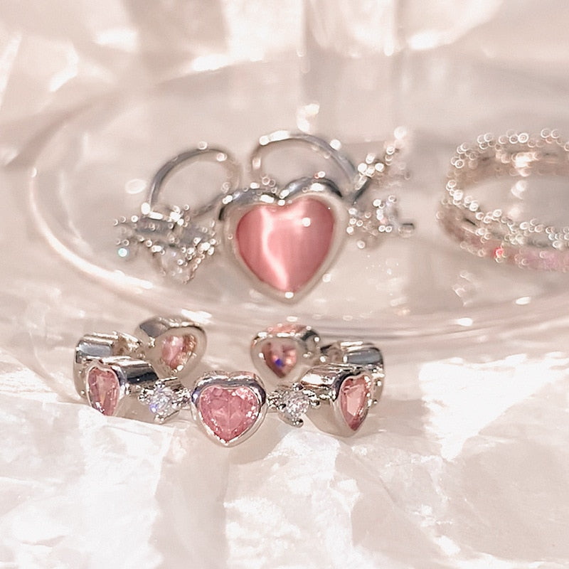 Kawaii adjustable princess heart rings silver gem stones