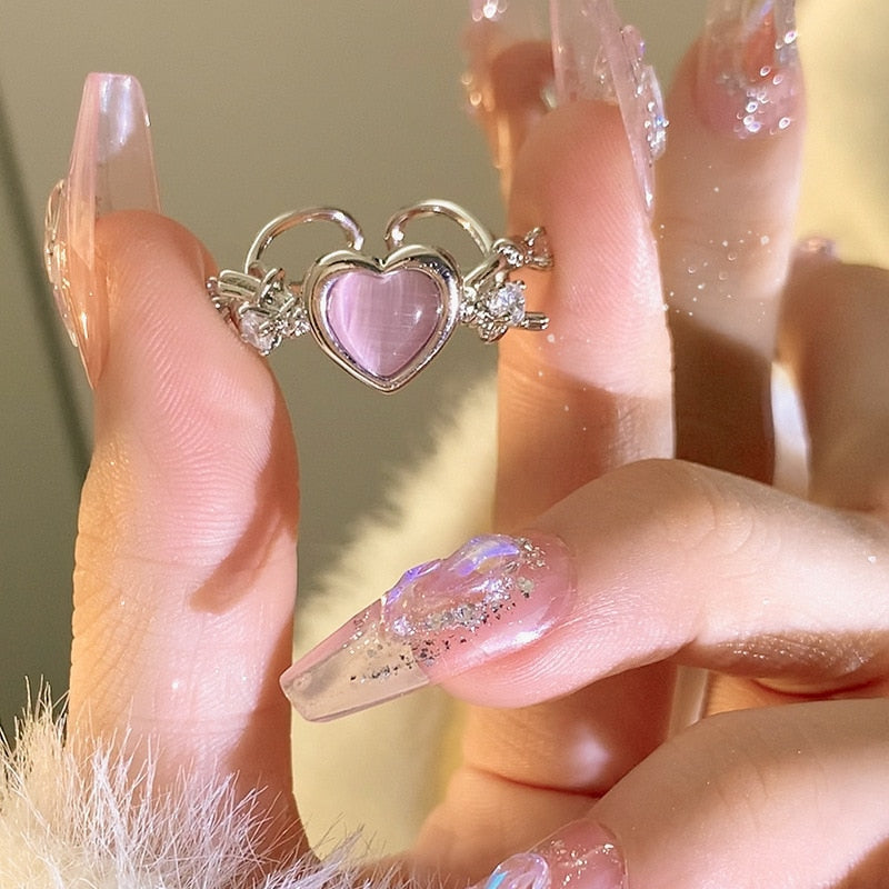 Kawaii adjustable princess heart rings silver gem stones