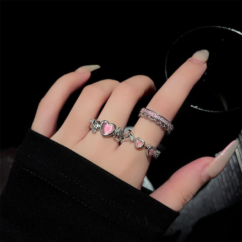 Kawaii adjustable princess heart rings silver gem stones