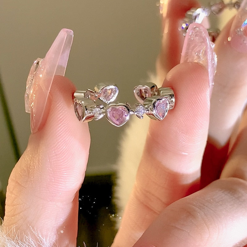 Kawaii adjustable princess heart rings silver gem stones