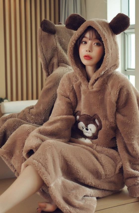 Hooded Furry Baby Bear Nightgown Night Dress Sleepwear Pajamas Pjs Hoodie Kawaii Kigurumi 