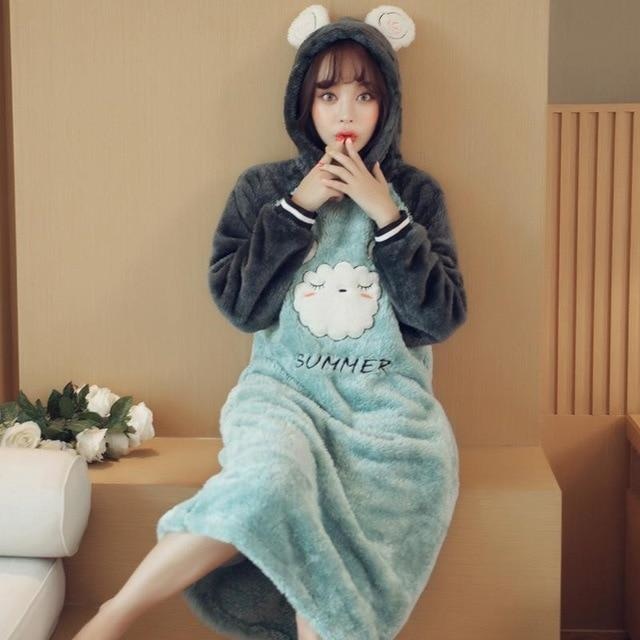 Hooded Furry Baby Bear Nightgown Night Dress Sleepwear Pajamas Pjs Hoodie Kawaii Kigurumi 