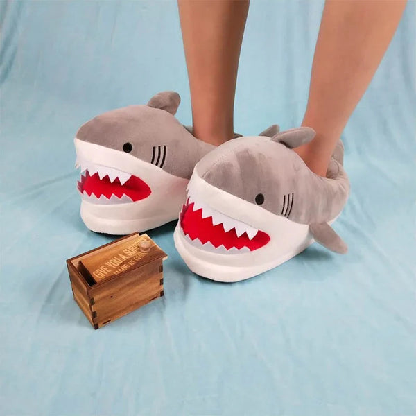 Baby shark slippers - baby shark - fish - furry - fuzzy - grey slippers