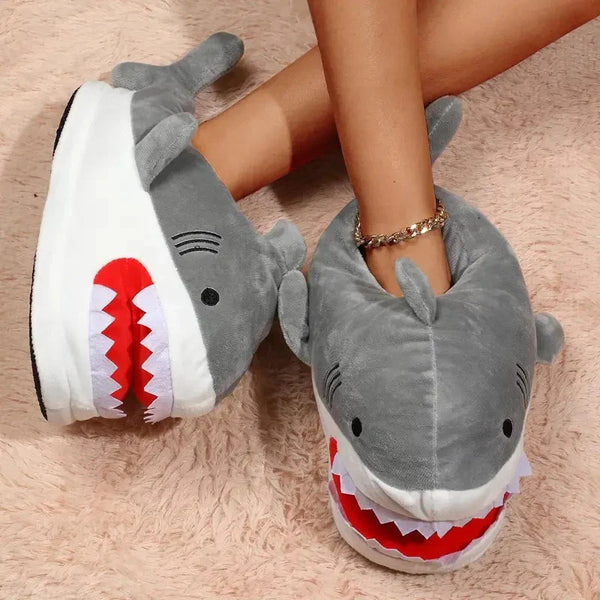 Baby shark slippers - baby shark - fish - furry - fuzzy - grey slippers