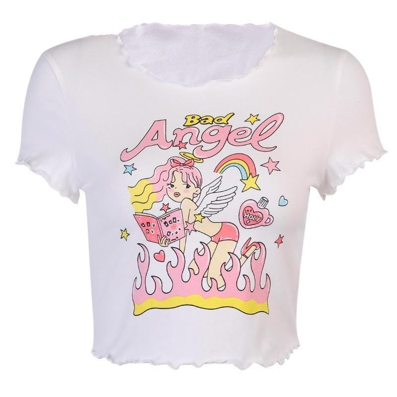 Y2K Angel Baby Tee Crop Top with Ruffled Sleeves and Graphic Print