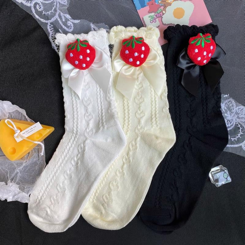 Berry bow ruffle lace socks - berries - berry - fruit - kawaii - lace socks