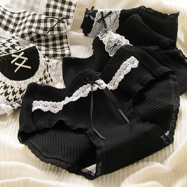 Black cotton plaid undies - kawaii - lace - panties - underwear