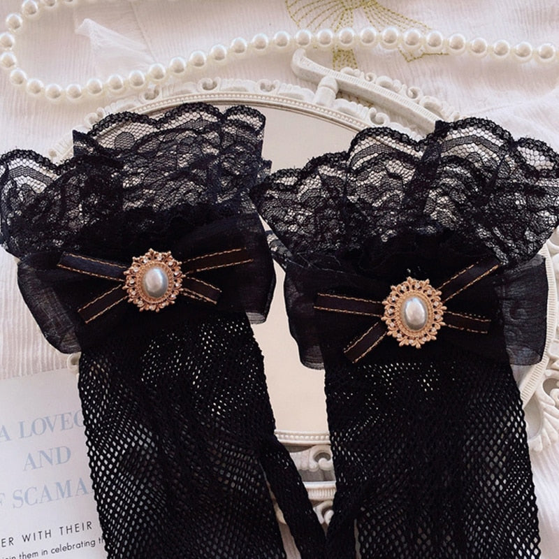 Kawaii black pink elegant victorian lace gloves