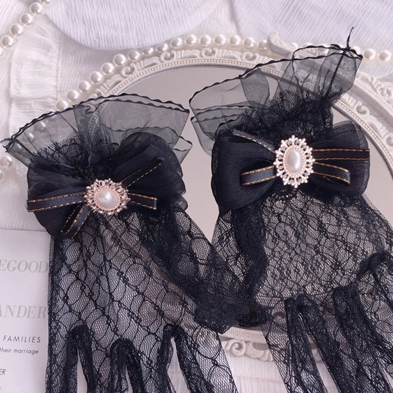 Kawaii black pink elegant victorian lace gloves