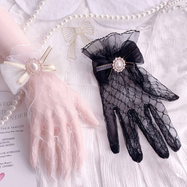 Kawaii black pink elegant victorian lace gloves