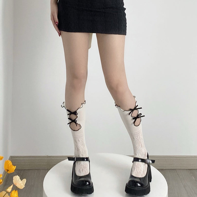 Black ribbon & white lace socks - angelcore - fairycore - kawaii - socks - stockings