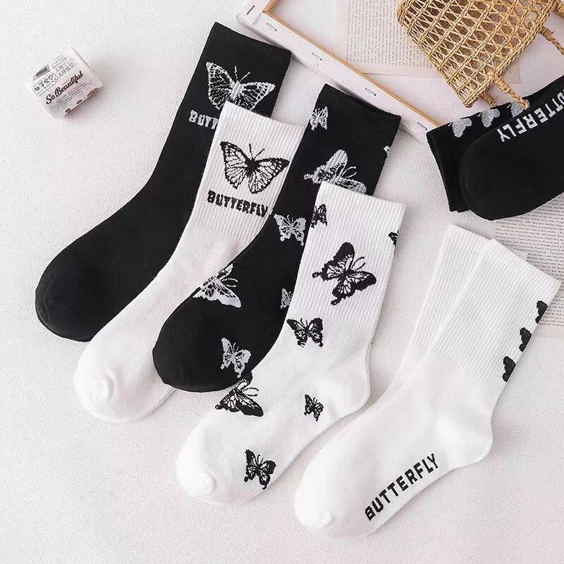 Black & white butterfly socks - butterfly - kawaii - monochrome - socks - stockings