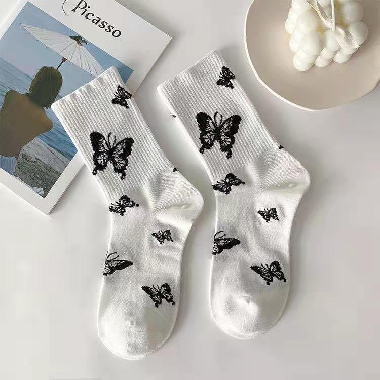 Black & white butterfly socks - butterfly - kawaii - monochrome - socks - stockings