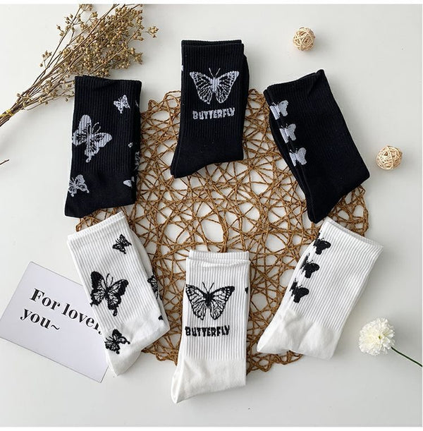 Black & white butterfly socks - butterfly - kawaii - monochrome - socks - stockings