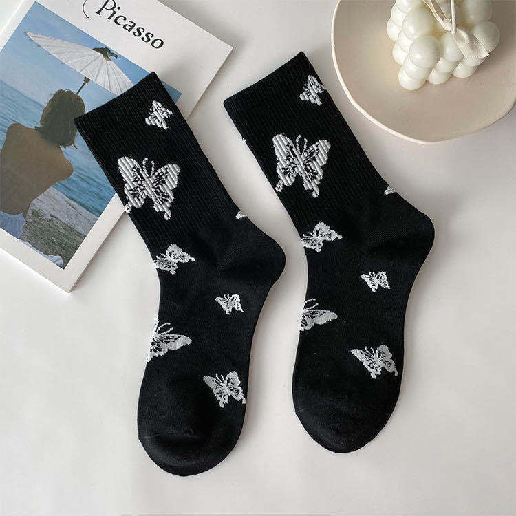 Black & white butterfly socks - butterfly - kawaii - monochrome - socks - stockings