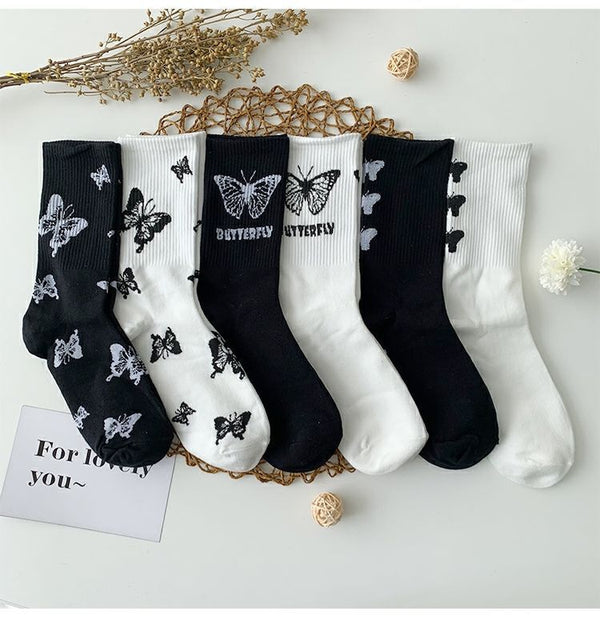 Black & white butterfly socks - butterfly - kawaii - monochrome - socks - stockings