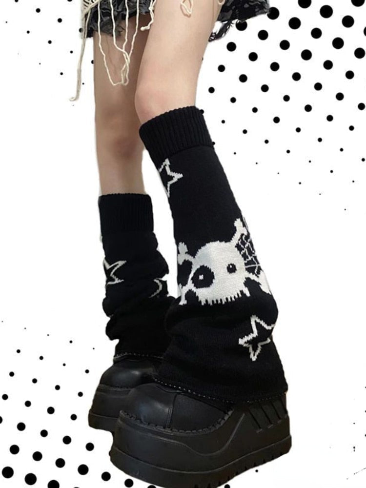 Kawaii black & white skull star goth leg warmers