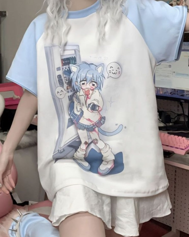 Blue anime detachable sleeve tee - anime - cats - detachable - kawaii - long sleeve