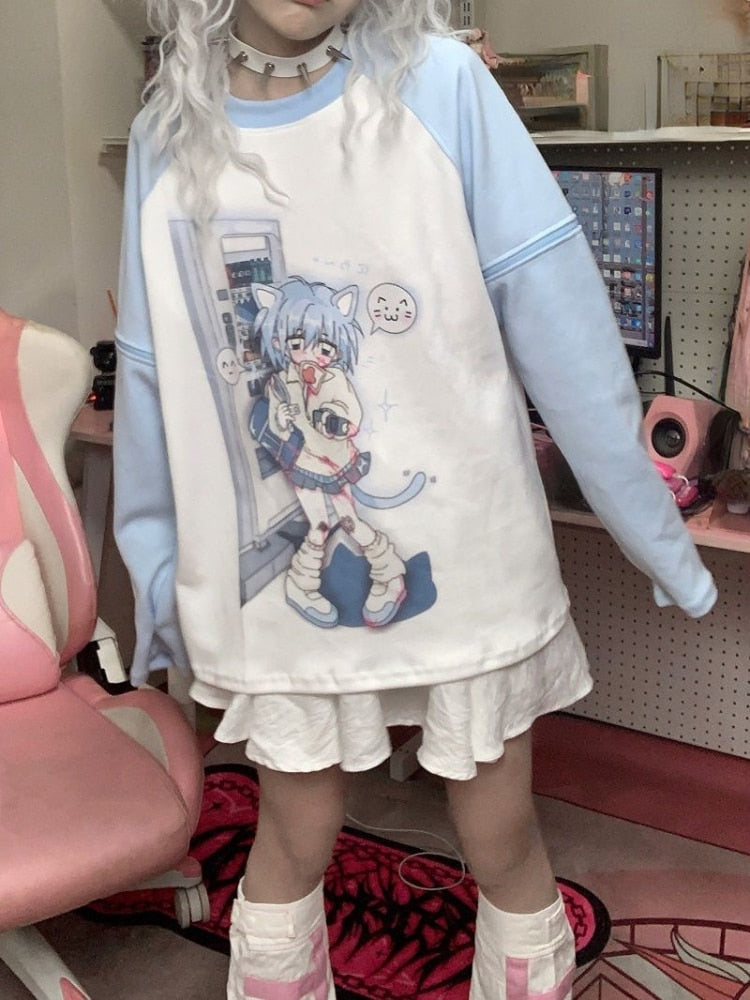 Blue anime detachable sleeve tee - anime - cats - detachable - kawaii - long sleeve