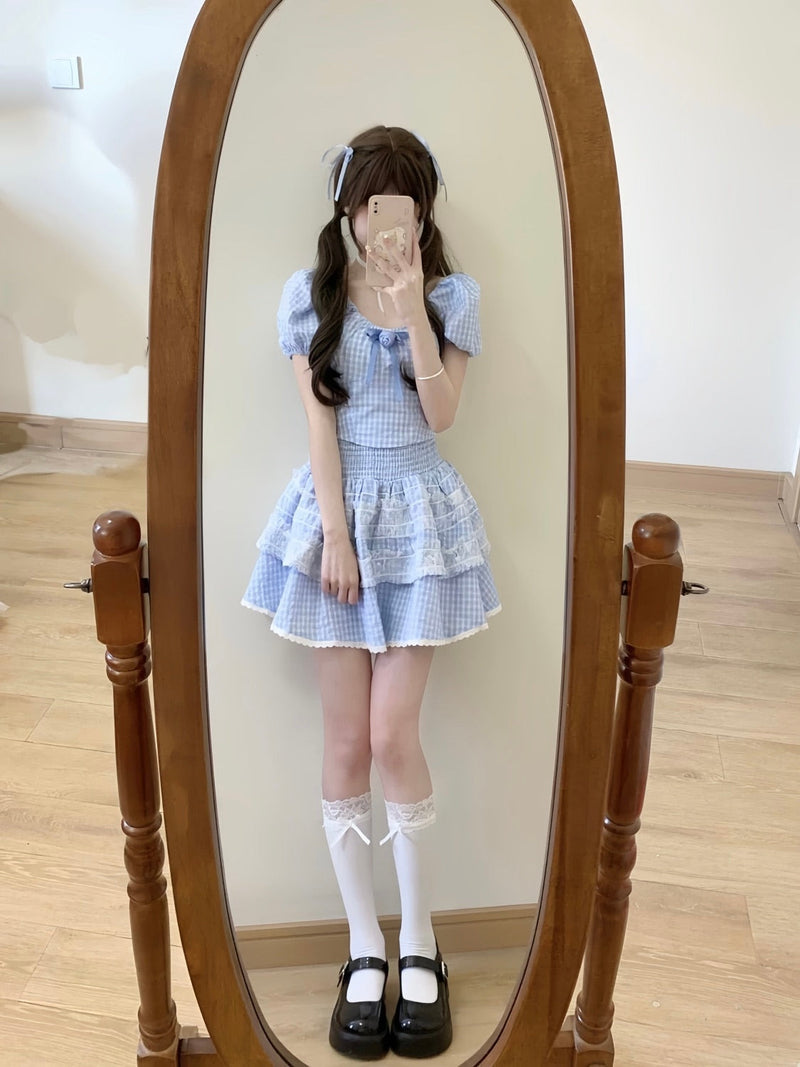 Blue plaid babydoll outfit set - blue - fairycore - kawaii - lace - new