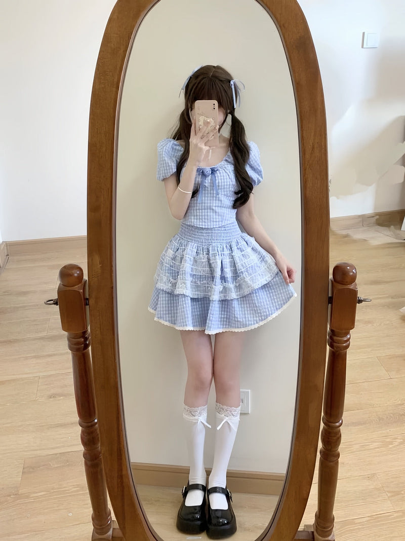 Blue plaid babydoll outfit set - blue - fairycore - kawaii - lace - new