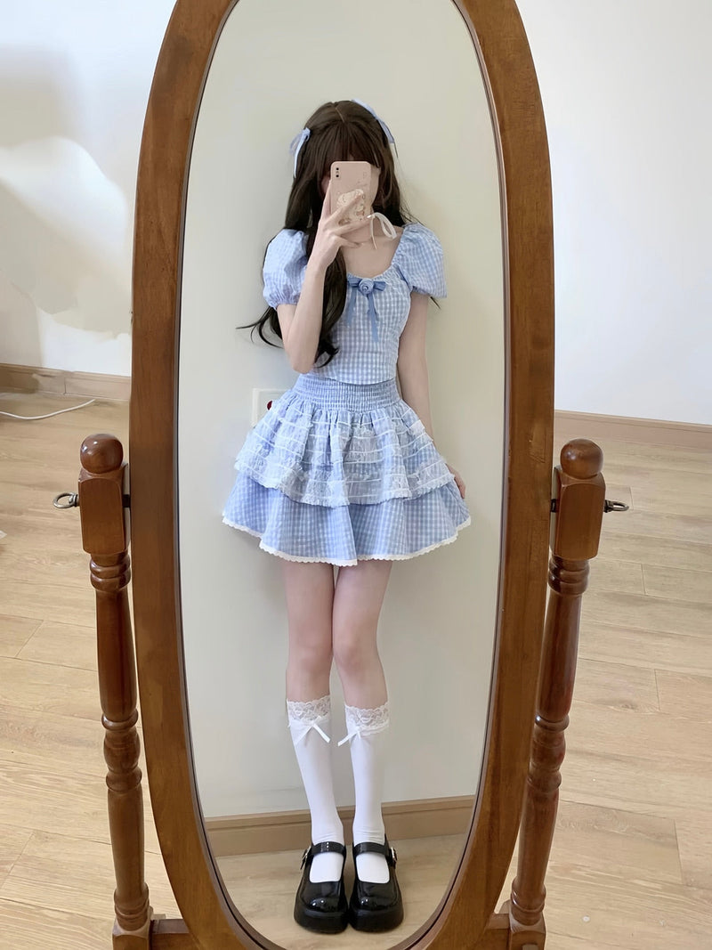 Blue plaid babydoll outfit set - blue - fairycore - kawaii - lace - new