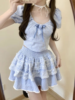 Blue plaid babydoll outfit set - blue - fairycore - kawaii - lace - new