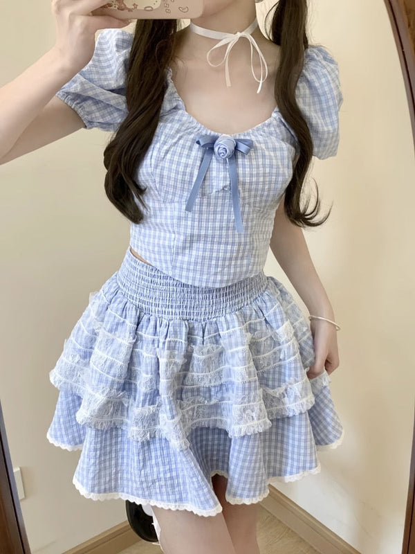 Blue plaid babydoll outfit set - blue - fairycore - kawaii - lace - new