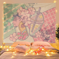 Boba tea & sakura wall tapestry - art - artistic - home decor - pastel - wall