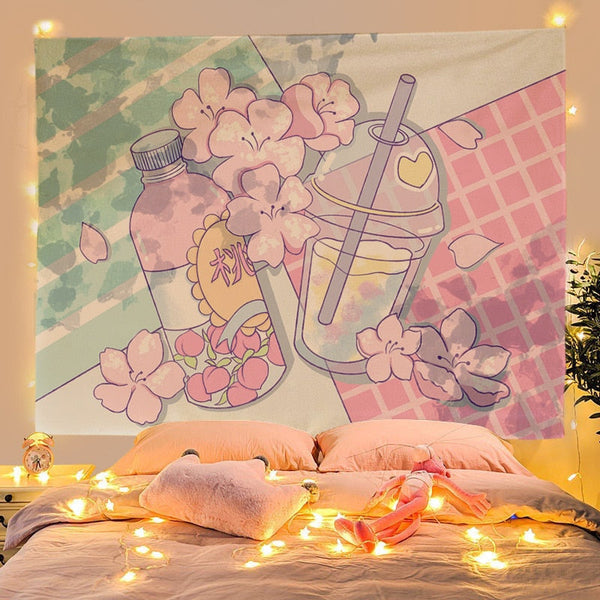 Boba tea & sakura wall tapestry - art - artistic - home decor - pastel - wall