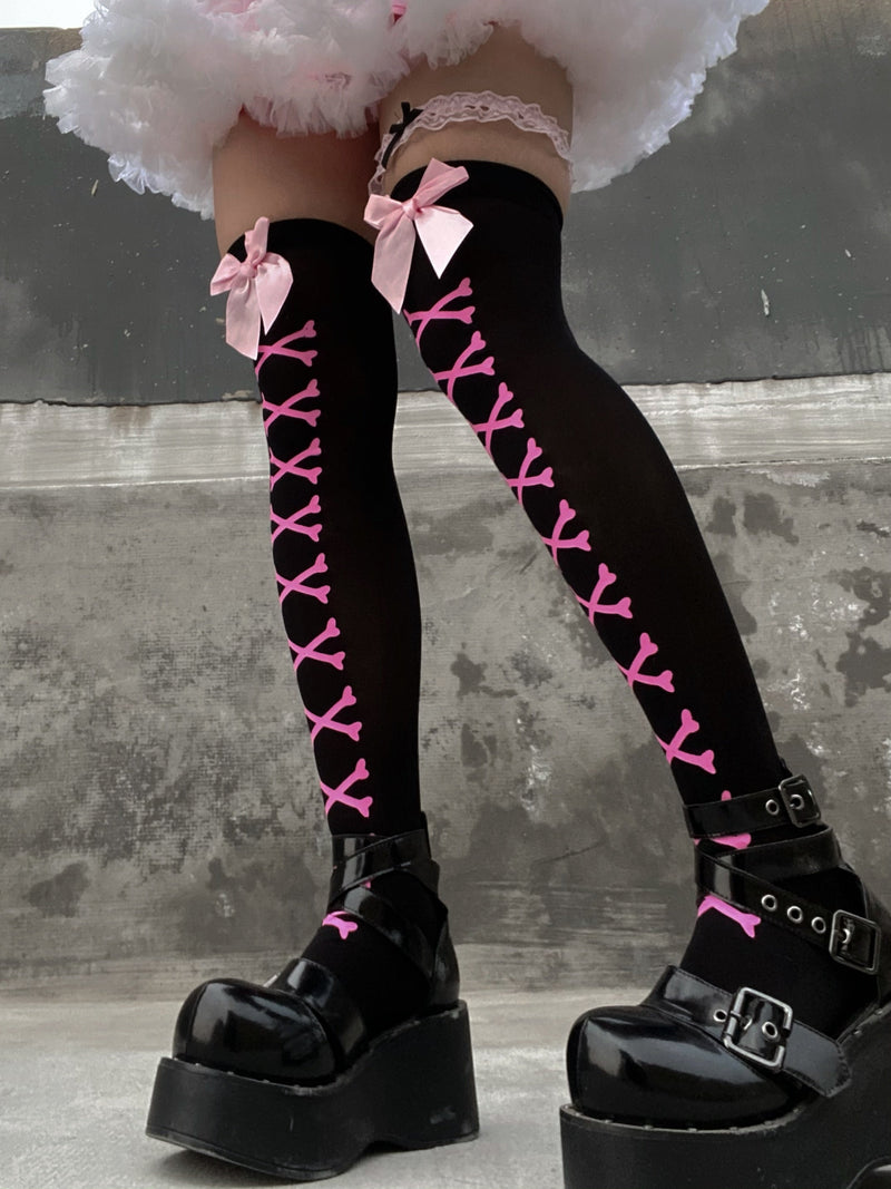 Bone corset stockings - black goth - bones - bows - cross