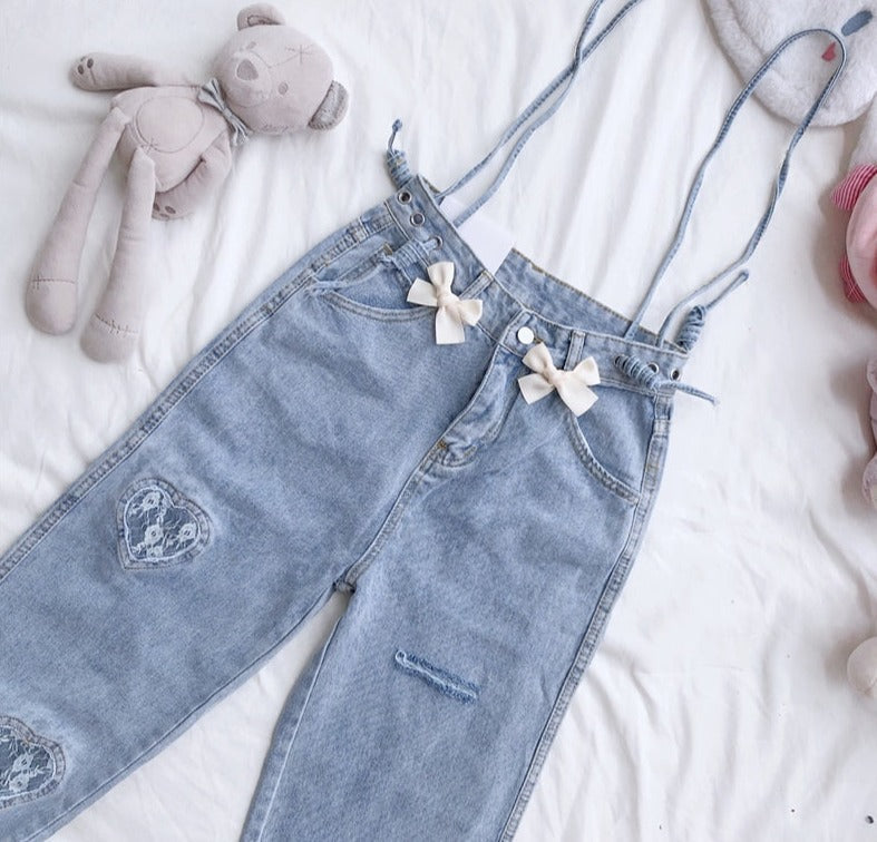 Kawaii bow embellished denim relaxed fit jeans