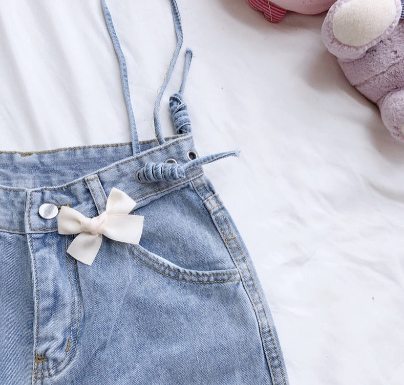 Kawaii bow embellished denim relaxed fit jeans