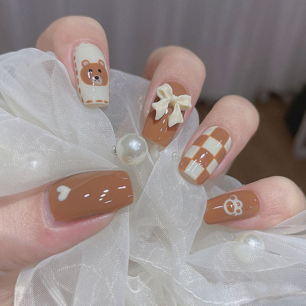 Brown bear press on nails - bear - brown - false nails - kawaii