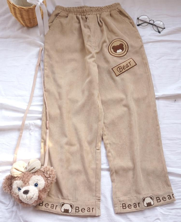 Kawaii brown teddy bear cord pants corduroy mori girl style