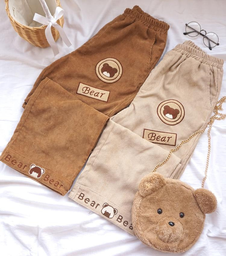 Kawaii brown teddy bear cord pants corduroy mori girl style