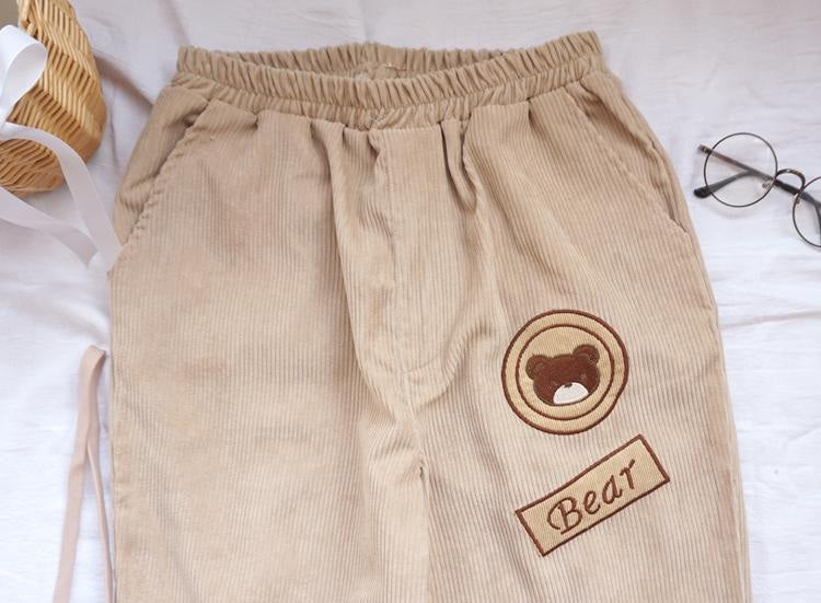 Kawaii brown teddy bear cord pants corduroy mori girl style